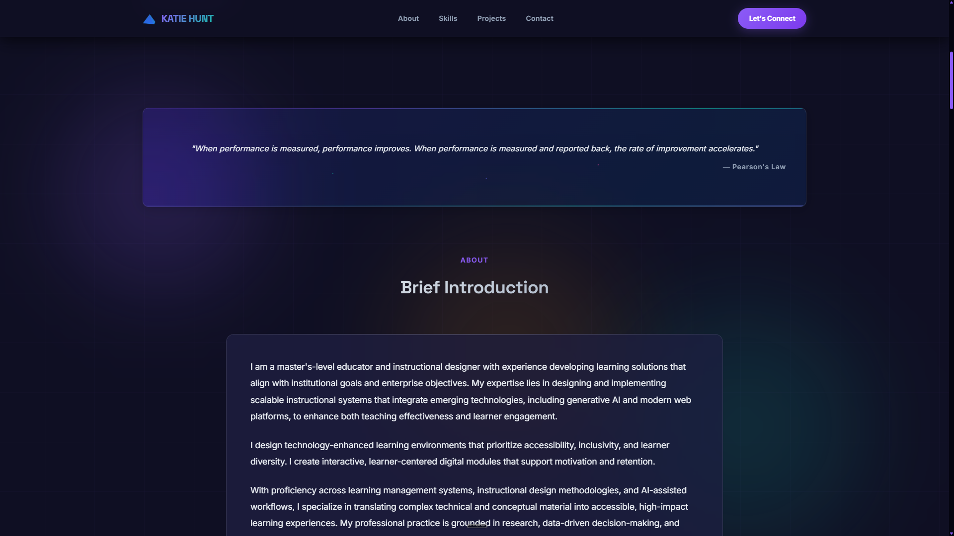 About section — brief intro with quote card